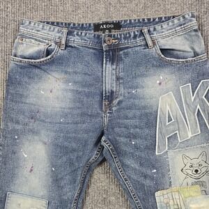 AKOO Jeans Mens 36x30 Blue Straight Leg Paint Splatter Patchwork Graphic Denim